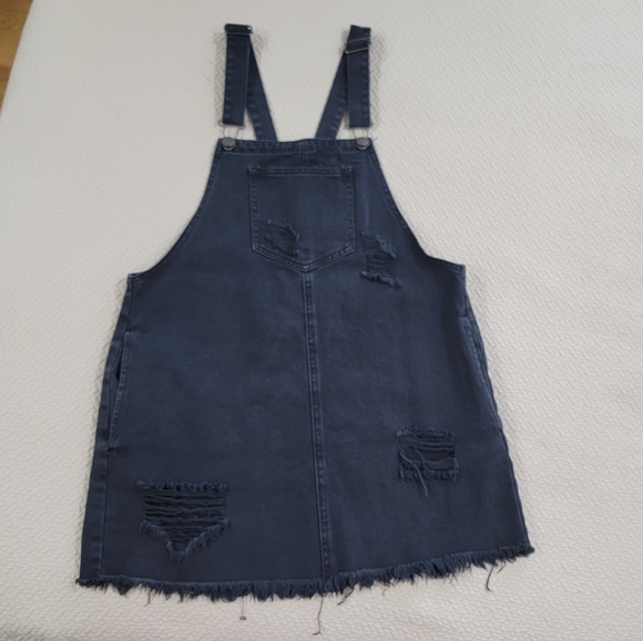 Cello Black Distressed Denim Overall Dress Size Medium Fringe Frayed Hem - Picture 2 of 13